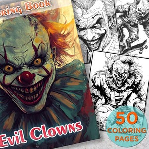 50 Evil Clown Horror Coloring Pages, Horror Clown Printable Grayscale Coloring Book Pages, Mystic and Creepy Digital Coloring Book
