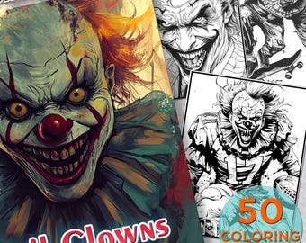 50 Evil Clown Horror Coloring Pages, Horror Clown Printable Grayscale Coloring Book Pages, Mystic and Creepy Digital Coloring Book