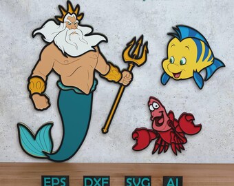 Set of Cartoon Characters Layered Design for Laser And Paper Cutting, Cartoon Mermaid SVG DXF for Cricut & Silhouette Glowforge Shadow box