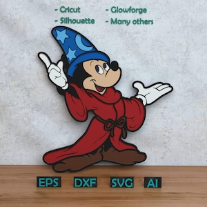 Könnte beinhalten: Ein Holzausschnitt eines Cartoon-Zauberers mit einem blauen Hut mit Sternen und einer roten Robe. Der Zauberer lächelt und hat weiße Handschuhe. Das Bild enthält den Text "- Cricut - Silhouette - Glowforge - Many others" und Dateitypoptionen: EPS, DXX, SVG und AI.