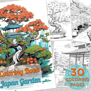 30 Japan Garden Coloring Pages, Japan Bonsai Tree Adults Printable Grayscale Coloring Book, Japan Zen Garden Digital Coloring Book Pages