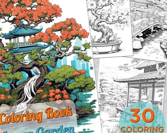 30 pages à colorier jardin du japon, bonsaï du japon pour adultes livre de coloriage en niveaux de gris imprimable, jardin zen du japon livre de coloriage numérique