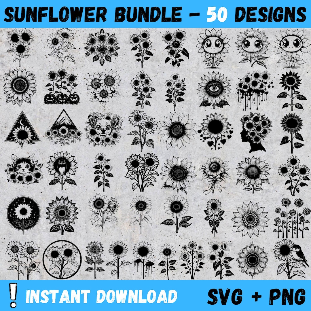50 Sunflower PNG & SVG Bundle, Sunflowers SVG Silhouettes Sublimation ...