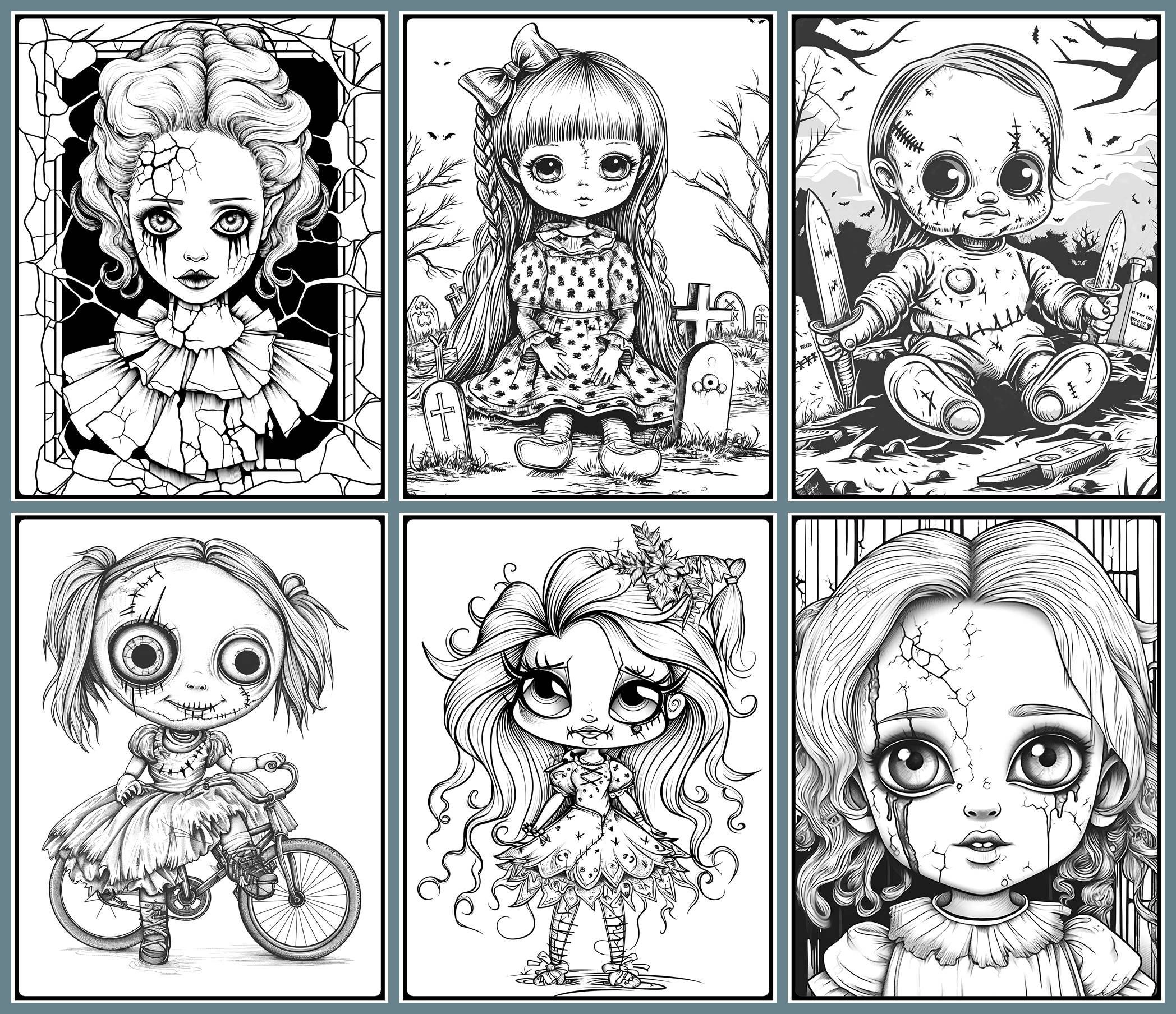 50 Creepy Dolls Coloring Pages, Adults Horror Dolls Printable Grayscale ...