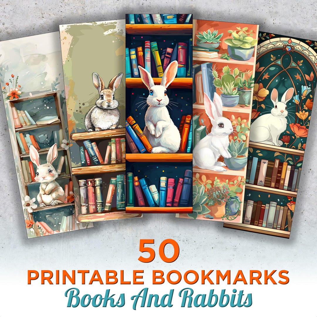 50 Books and Rabbits Printable Bookmarks, Rabbit Digital Bookmark ...