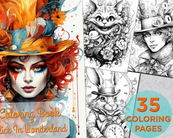 35 Alice Wonderland Coloring Pages, Fairy Printable Grayscale Coloring Book for adults, Alice and Hatter Digital Coloring Book Pages