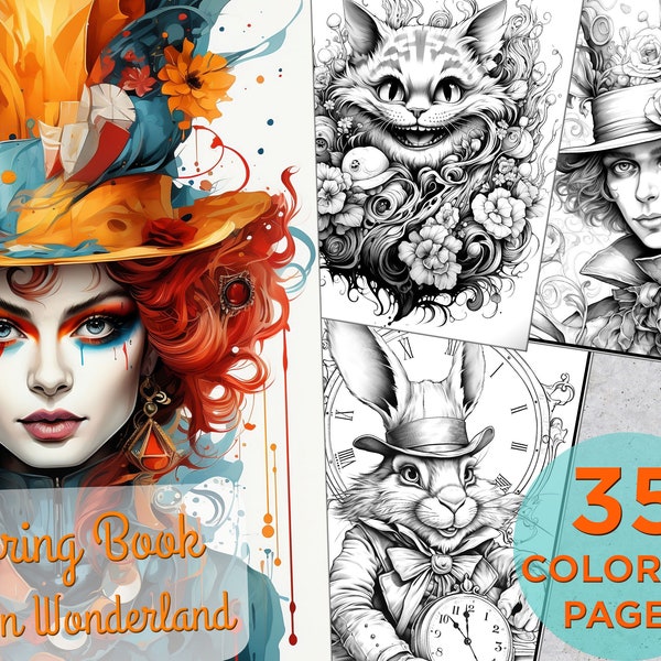 35 Alice In Wonderland Coloring Pages, Fairy Printable Grayscale Coloring Book for adults, Alice and Hatter Digital Coloring Book Pages