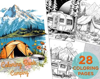 28 målarbilder med campingmotiv, utskrivbar gråskalig målarbok för vuxna, utskrivbar digital målarbok med campingmotiv