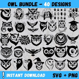May include: A digital download bundle of 40 owl designs in black and white. The designs are perfect for crafting, scrapbooking, and other creative projects.  The text "OWL BUNDLE - 40 DESIGNS" is at the top of the image. The text "INSTANT DOWNLOAD SVG + PNG" is at the bottom of the image.