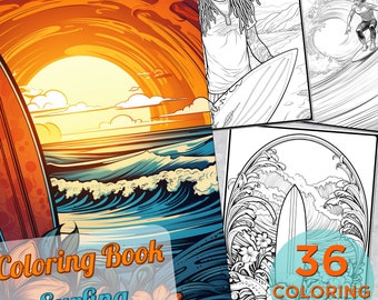 May include: A coloring book with 36 pages featuring surfing themes. The cover shows a colorful sunset over the ocean with a surfboard and waves. The text "Coloring Book Surfing" is on the cover.