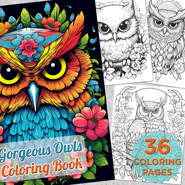 36 Gorgeous Owls Coloring Pages, Floral Owls Printable Grayscale Coloring Book for adults and kids, Owls and Flowers Digital Coloring Book