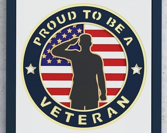 May include: A framed artwork with a patriotic theme. The design features a saluting silhouette of a person in front of an American flag, encircled by text that reads "PROUD TO BE A VETERAN." The artwork is set against a white background and framed in navy blue.