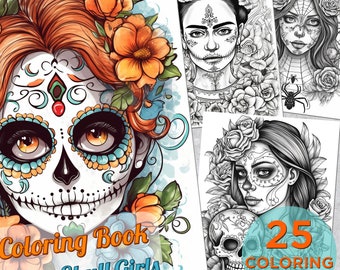 25 Sugar Skull Girls Coloring Pages, Adults Printable Grayscale Coloring Book, Coloring pages for adults, Sugar Skulls Digital Coloring Book