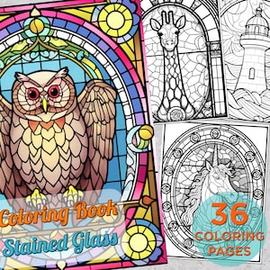 36 Stained Glass Coloring Pages, Stained Glass Windows Printable Grayscale Coloring Book for adults, Zentangle Mindful Digital Coloring Book