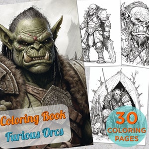 30 Furious Orcs Coloring Pages, Adults Kids Printable Grayscale Coloring Page, Coloring pages for adults, Warrior Orc Digital Coloring Book
