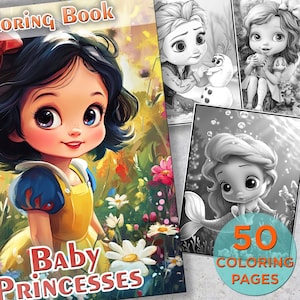 Baby Princesses 50 Coloring Pages, Printable Grayscale Princess Coloring Book, Baby Princess Coloring page, Princess Digital Coloring Book