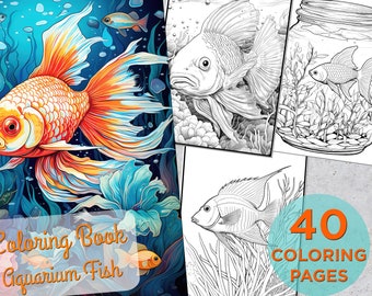 以下が含まれることがあります： 水槽の魚をテーマにした40ページの塗り絵。表紙には、オレンジ、イエロー、ホワイトの鱗を持つカラフルな金魚が、青と緑の海中シーンで泳いでいる様子が描かれています。