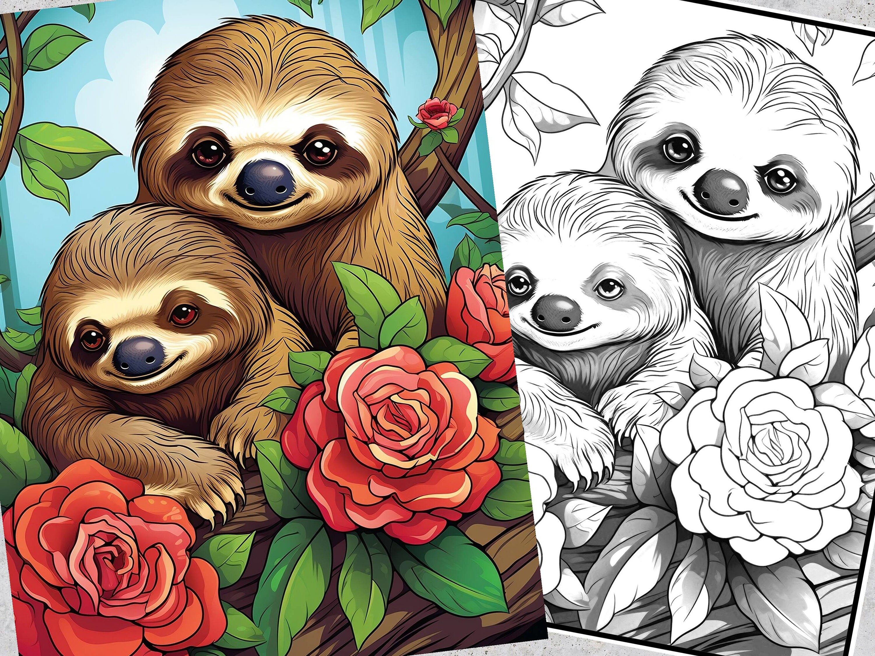 40 Charming Sloths Coloring Pages, Sloths Printable Grayscale Coloring ...