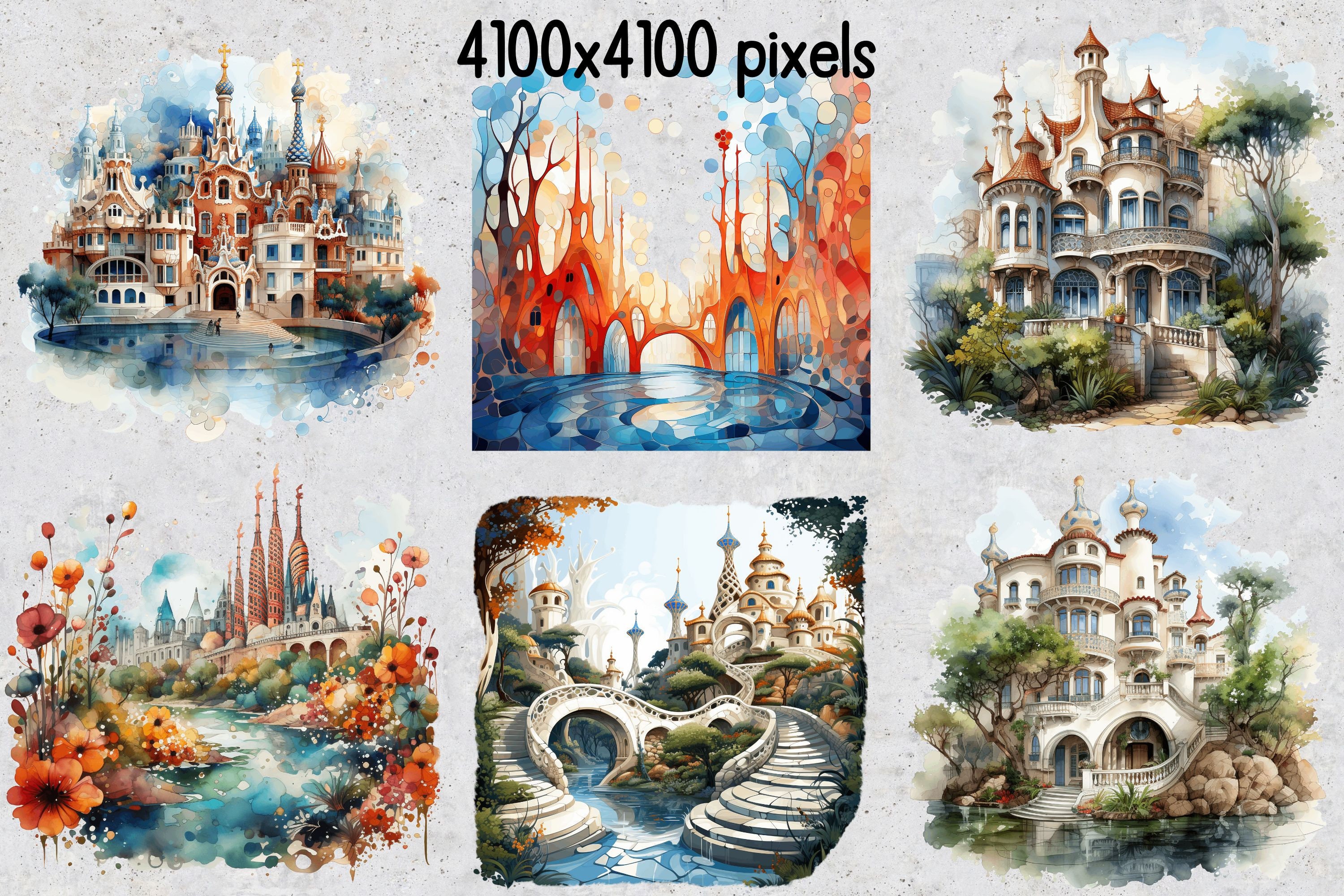 32 Antonio Gaudi PNG Cliparts, Watercolor Gaudi Sublimation SVG, Set of ...