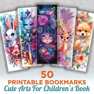 50 Cute Printable Bookmarks For Childrens Books, Cute Digital Download Bookmark Sheets, PNG bookmark sublimation, Print and Cut Bookmark Set