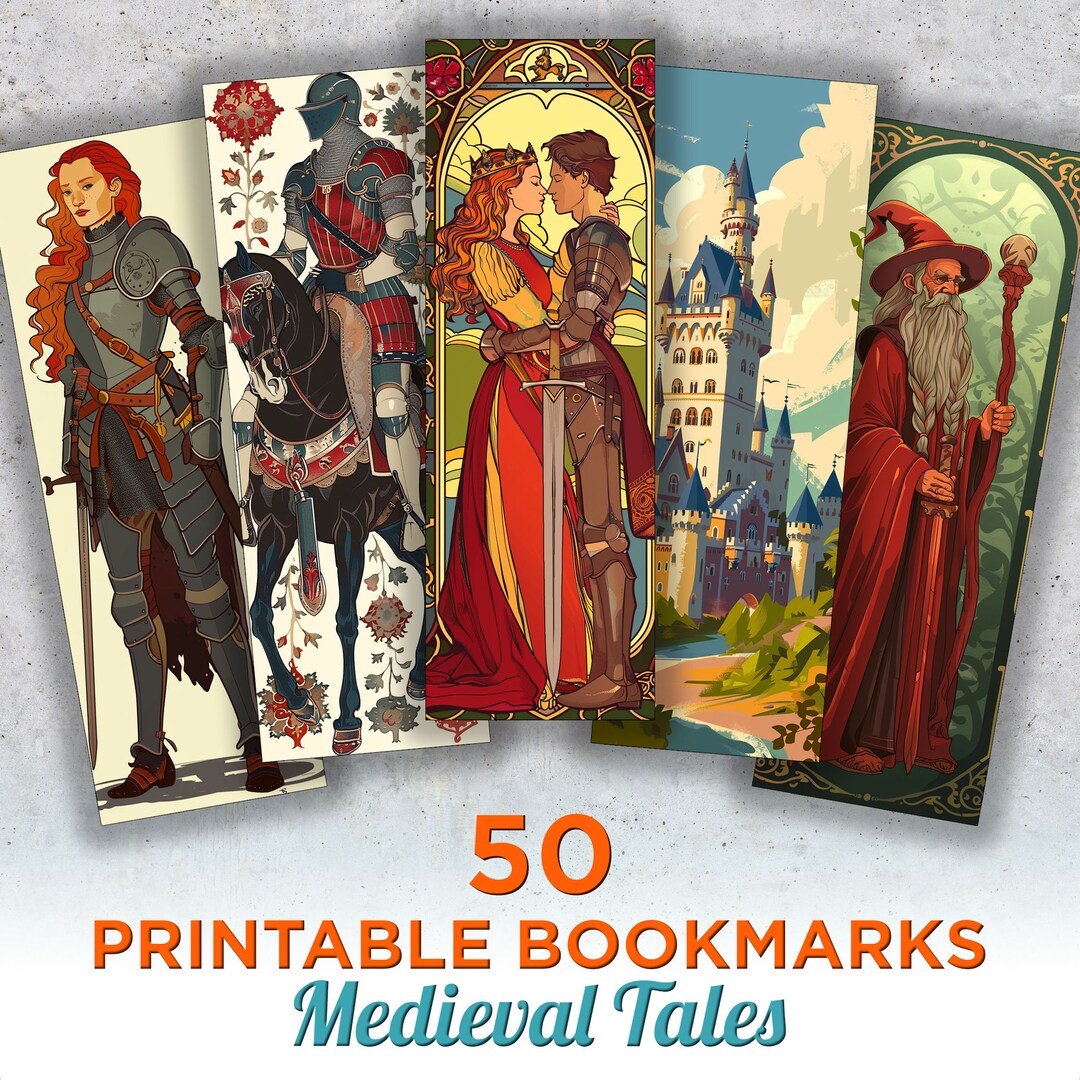 50 Medieval Printable Bookmarks, Fairy Tale Digital Download Bookmark Sheet, Historical PNG ...