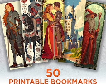 50 marcadores medievales imprimibles, hoja de marcadores de descarga digital de cuento de hadas, sublimación de marcadores PNG históricos, conjunto de marcadores de impresión y corte