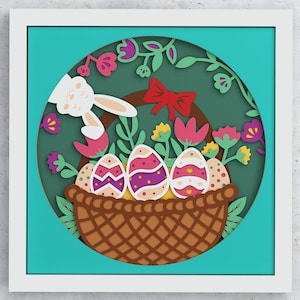 Scatola delle ombre del coniglio di Pasqua, design a strati del cesto di Pasqua in formato SVG per Cricut Silhouette, Shadowbox in formato SVG delle uova di Pasqua, scatola delle ombre di Pasqua 3D