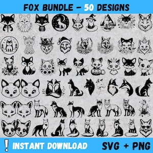 May include: A digital download of 50 fox designs in black and white. The designs include foxes in various poses, including standing, sitting, and running. The designs are perfect for use in crafting, scrapbooking, and other creative projects.  "Fox Bundle - 50 Designs" and "Instant Download SVG + PNG" are written in the image.