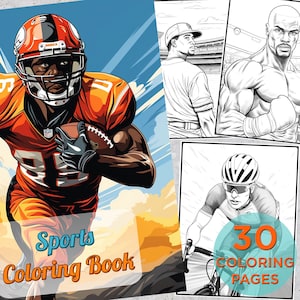30 Sport Coloring Pages, Sport Adults Printable Grayscale Coloring Book, Baseball Football Basketball Tennis Digital Coloring Book Pages