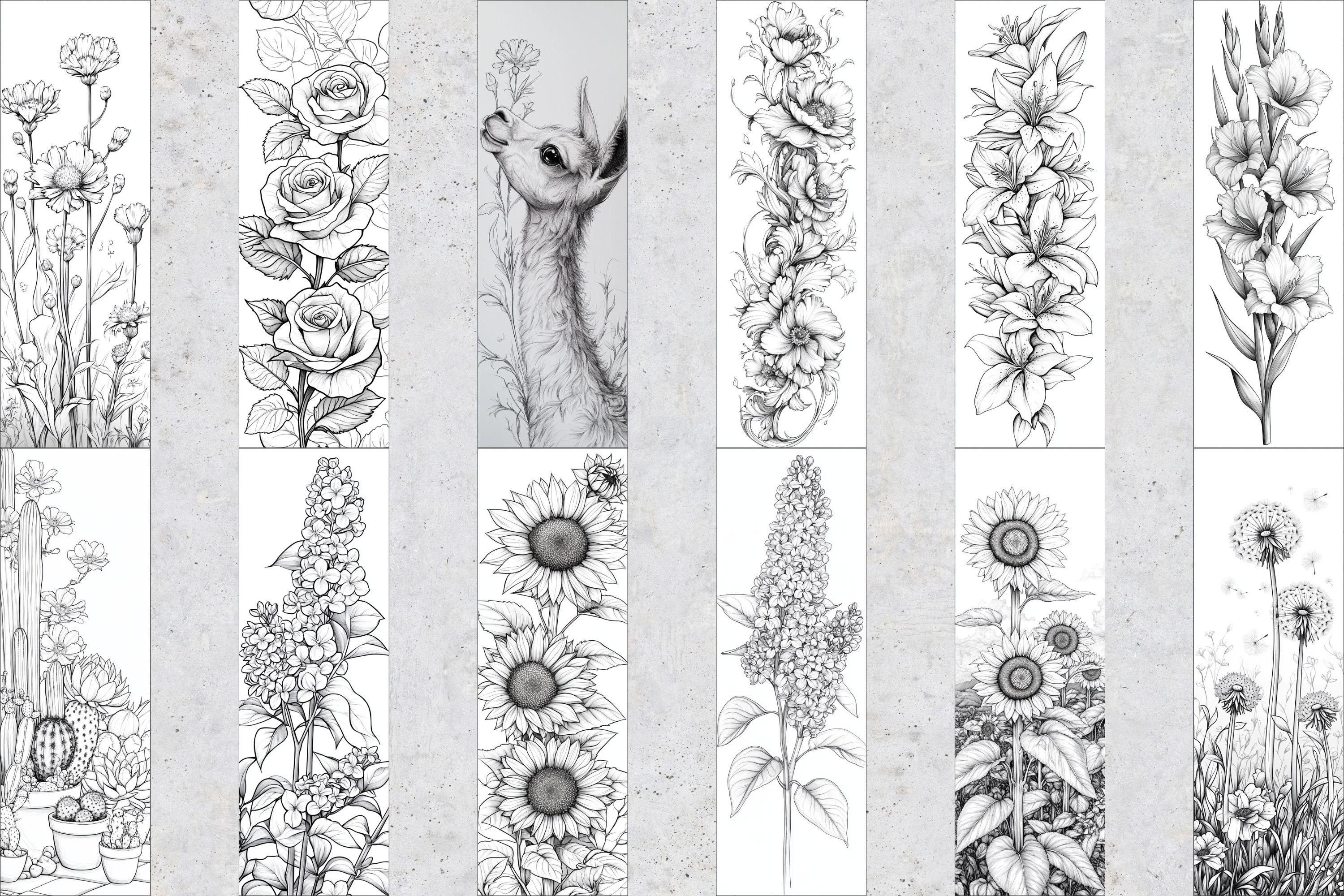 50 Printable Bookmarks for Coloring Flowers, Floral Digital Download ...