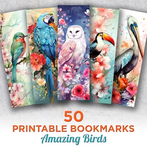 50 Bird Printable Bookmarks, Birds Digital Download Bookmark Sheets, Birds PNG bookmark sublimation, Bird Print and Cut Bookmark Set