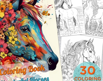 30 Horses Coloring Pages, Adults Printable Coloring Page, Horses Coloring pages book, Grayscale Printable Horse & Pony Digital Coloring Book