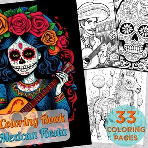 33 Mexican Fiesta Coloring Pages, Adults Printable Coloring Page Mexican Festival, Mexican Day of Dead Holiday Drawings Coloring page book