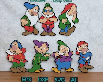 Set Of Cartoon Dwarfs Layered Design for Laser And Paper Cutting, Cartoon Dwarfs SVG DXF for Cricut & Silhouette Glowforge Shadow box