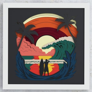 Wieczorny krajobraz morski Shadow Box, surfing SVG Warstwowy projekt dla Cricut Silhouette, fale surfingu warstwowy SVG Shadowbox, zachód słońca Shadow Box