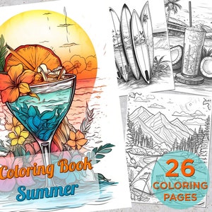 26 Summer Coloring Pages, Adults Printable Grayscale Coloring Page, Summer Coloring pages for adults and kids, Summer Digital Coloring Book