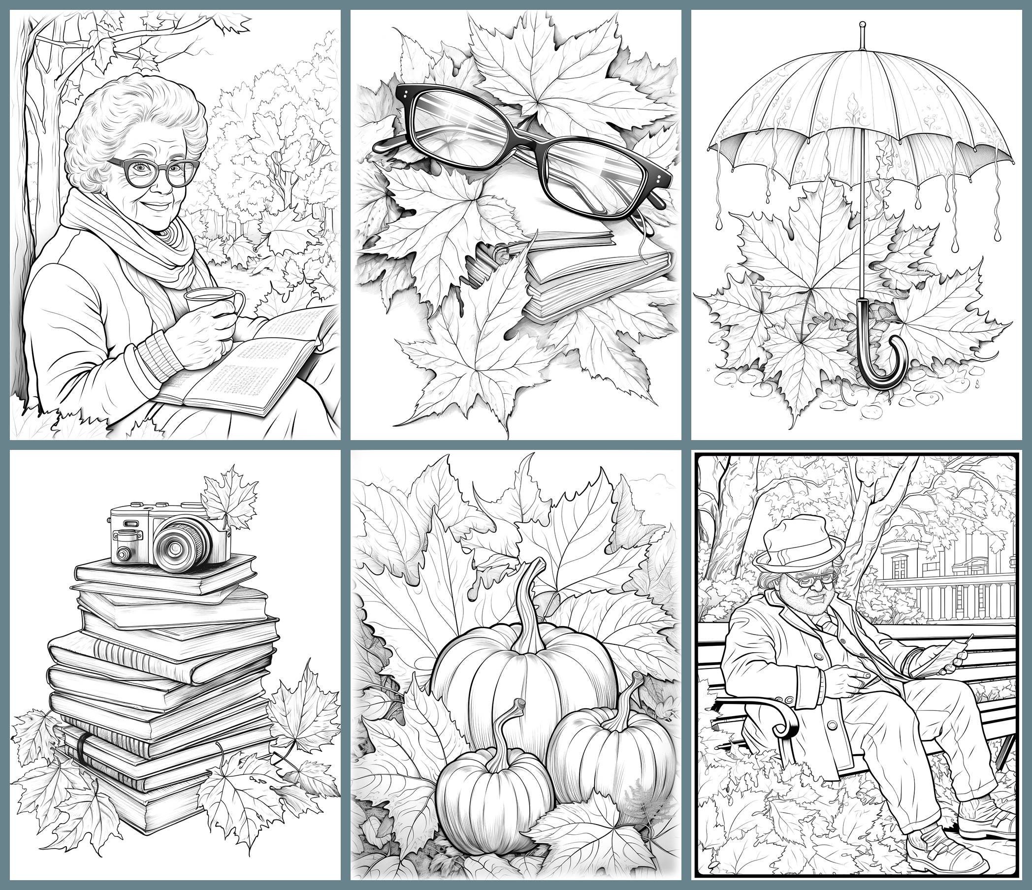30 Autumn Coloring Pages, Autumn Fall Adults Printable Grayscale ...