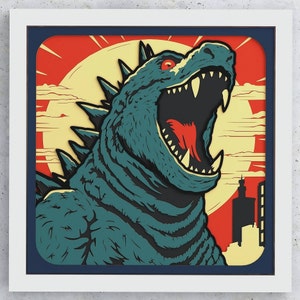 May include: A framed illustration of a green and blue Godzilla-like monster with a red mouth and red eye, roaring against a red, yellow, and white background.