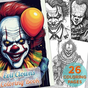 26 böse Clowns Malseiten, Graustufen Malbuch, Malseiten für Erwachsene, Malseiten, Erwachsene, Malbuch, Gruselige Clowns