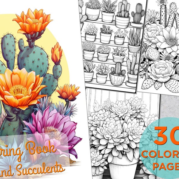 30 Cactus and Succulent Coloring Pages, Blooming Cacti Printable Grayscale Coloring Page for adults, Succulent Bloom Digital Coloring Book