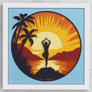 Joga na plaży Shadowbox, Ocean Yoga SVG Warstwowy projekt Cricut Silhouette, Wieczorna joga warstwowy SVG Shadowbox, Zachód słońca svg lightbox Cricut