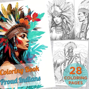 Könnte beinhalten: Ein Malbuch mit 28 Seiten mit Illustrationen von amerikanischen Ureinwohnern in traditionellen Kopfbedeckungen. Das Cover zeigt eine Frau mit langen schwarzen Haaren, die eine farbenfrohe Kopfbedeckung mit Federn trägt. Der Titel des Buches lautet "Coloring Book Proud Indians".