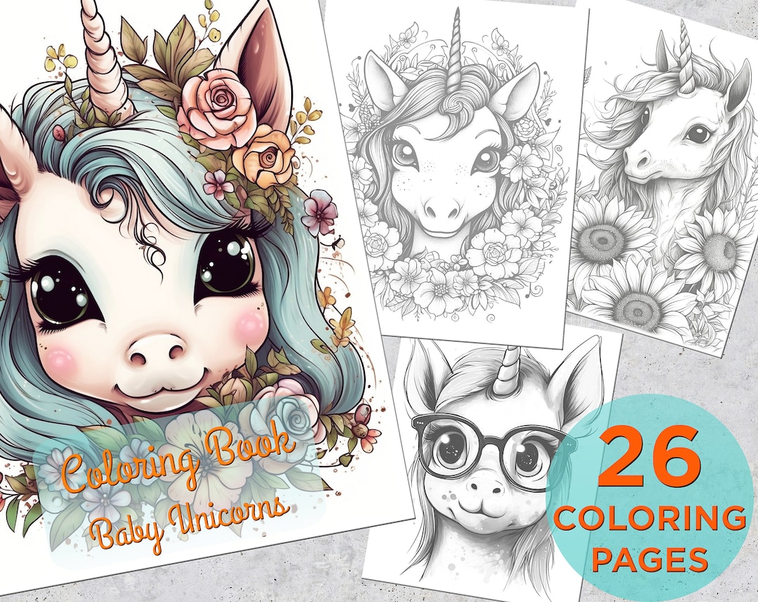 26 Baby Unicorns Coloring Pages, Adults Kids Printable Grayscale ...
