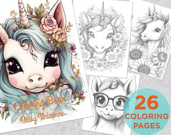 26 Baby Unicorns Coloring Pages, Adults kids Printable Grayscale Coloring Page, Coloring pages for adults, Unicorns Digital Coloring Book
