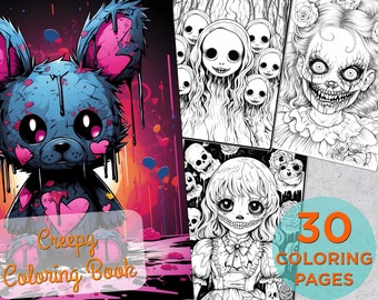 May include: A creepy coloring book with 30 coloring pages. The cover features a blue and pink teddy bear with dripping paint and a heart-shaped patch. The book also features images of creepy dolls and faces.