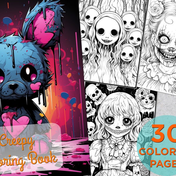 30 Creepy Coloring Pages, Adults Creepy Printable Grayscale Coloring Book, Coloring pages for adults, Printable Creepy Digital Coloring Book