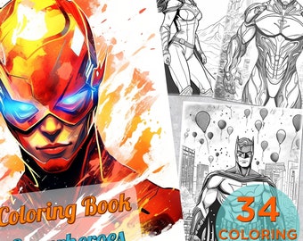 34 Superheroes Coloring Pages, Adults Printable Grayscale Hero Coloring Book, Coloring pages for adults, Superheroes Digital Coloring Book