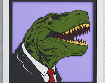 Pode incluir: Um dinossauro verde vestindo um terno preto e uma gravata vermelha. O dinossauro está olhando para a direita e tem a boca aberta, mostrando os dentes. O fundo é de cor roxo claro.