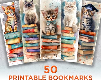 50 Cats On Books Printable Bookmarks, Kitten Digital Bookmark Sheets, Cat PNG bookmark sublimation, Cat Print and Cut Bookmark Set