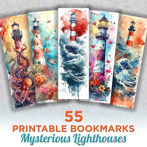 55 Lighthouse Printable Bookmarks, Ocean Digital Download Bookmark Sheets, Lighthouse PNG bookmark sublimation, Print and Cut Bookmark Set